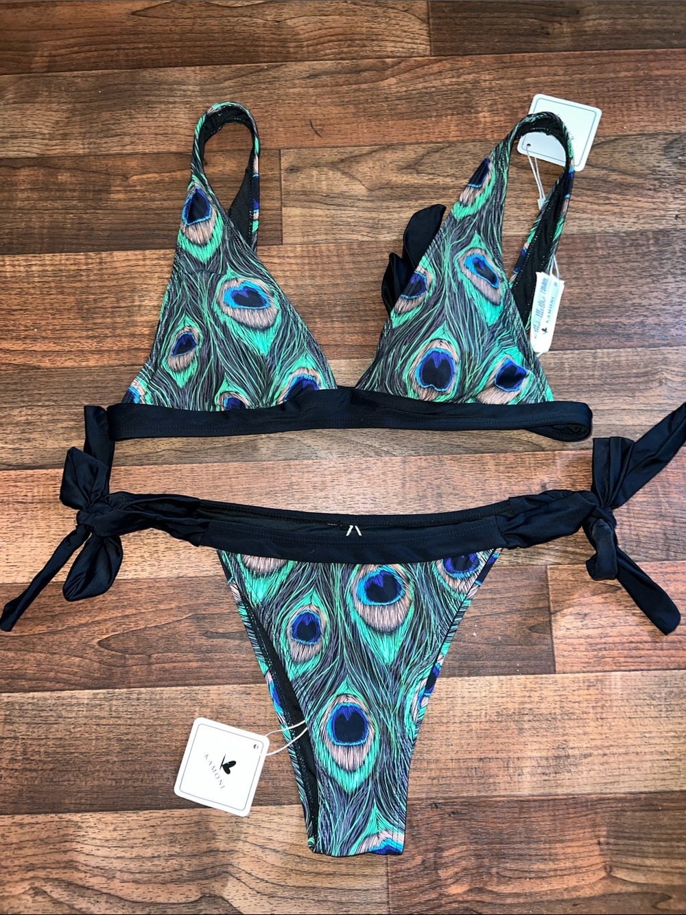 Peacock-Print Tie-Side Bikini Set with Black Trim
